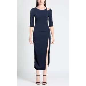 Vanessa Scott Navy Blue Midi Dress Shoulder Cut Out Slit Detail Size Large NWT